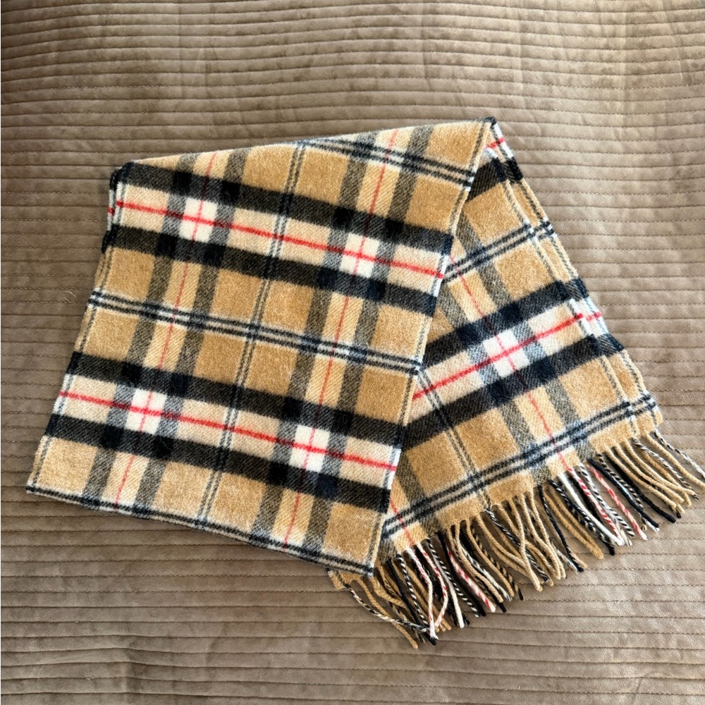 John Hanly & Co. Tan Plaid Lambswool Fringed Scarf